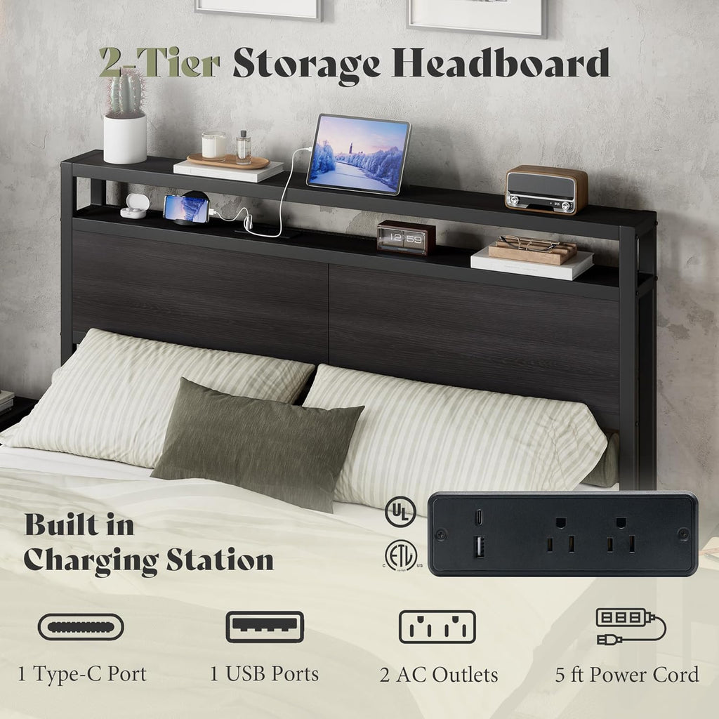 AMERLIFE Queen Size Bed Frame with Storage Headboard & Charging Station, Industrial Metal Platform Bed with Large Under-Bed Storage, Heavy Duty Slats, No Box Spring Needed, Black