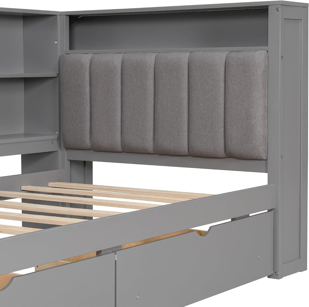 Twin Size Platform Bed with Storage Shelves and Drawers, Solid Wood Daybed with Charging Station, LED, Desk and Upholstered Headboard for Living Room Bedroom (Grey-JU11)