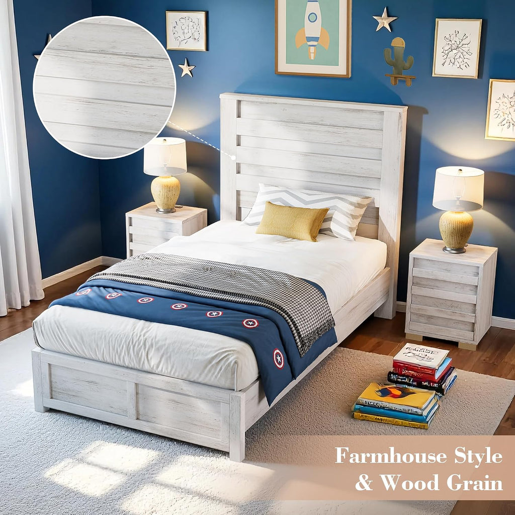 LUXOAK Twin Farmhouse Bed Frame with 49' Fluted Headboard, Wooden Platform Bed with Natural Grain, Noise-Free, No Box Spring Needed, Distressed White