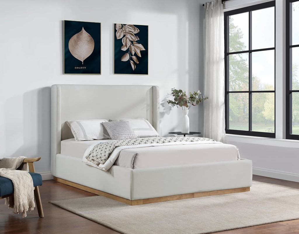 Meridian Furniture FlynnCream-F Flynn Collection Modern | Contemporary Full Bed with Cream Linen Textured Fabric, Natural Finish Solid Wood Base, Wing Back, 58.5' W x 82.5' D x 52' H, Cream, Full