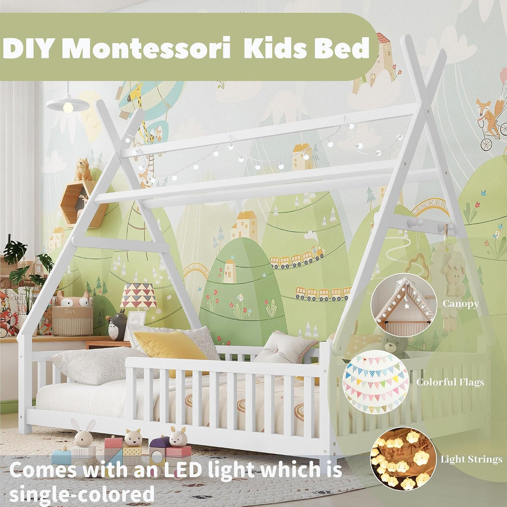 Full Montessori Kids Floor Bed with Rails and LED Light, Low Full Beds Frame with Fence and Removable Roof, Wood Montessori Floor Bed Frame for Kids, Girls, Boys, White