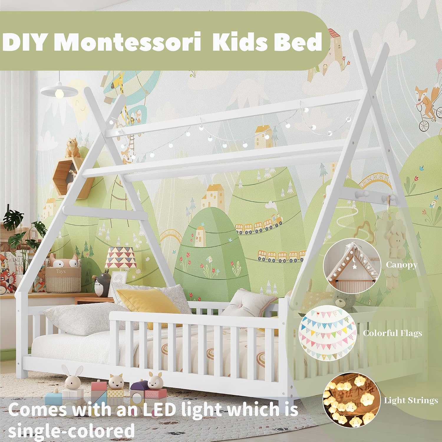 Full Montessori Kids Floor Bed with Rails and LED Light, Low Full Beds Frame with Fence and Removable Roof, Wood Montessori Floor Bed Frame for Kids, Girls, Boys, White