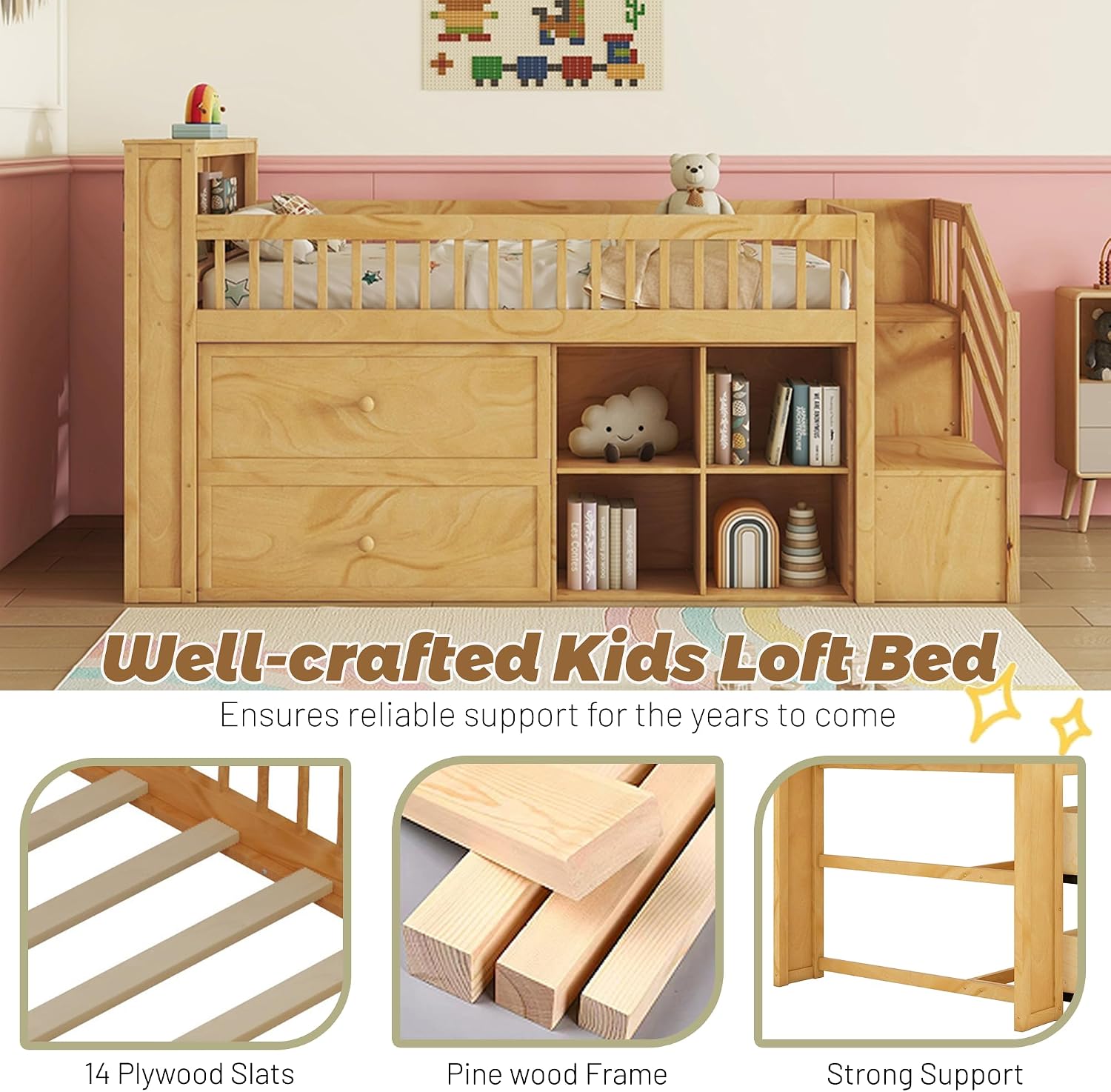 Low Loft Bed with LED Lights and Bookshelf, Wooden Kids Loft Bed with Stairs and Safety Guardrail, Low Loft Bed Twin with 2 Storage Drawers and Shelves for Girls Boys ,No Box Spring Needed, Natural