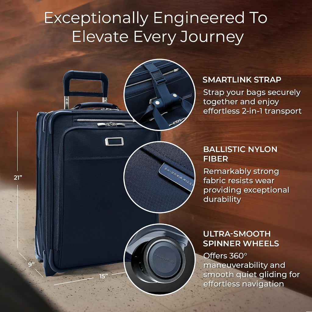 Briggs & Riley 21' Global 2-Wheel Expandable Carry On - Luggage for Travel, Suitcases with Wheels, Softside Rolling Bag for Men & Women, Self-Repairing Zipper - Baseline Collection, Navy