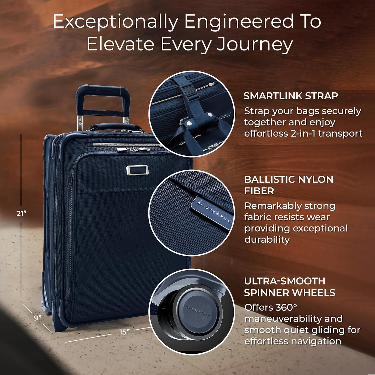 Briggs & Riley 21' Global 2-Wheel Expandable Carry On - Luggage for Travel, Suitcases with Wheels, Softside Rolling Bag for Men & Women, Self-Repairing Zipper - Baseline Collection, Navy
