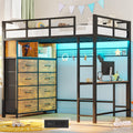 ADORNEVE Twin Size Loft Bed with Desk and 8 Storage Drawers, Metal Kids Loft Bed Twin with LED Lights & Charging Sation, Storage Shelves, 13.1' H Safety Guard & Ladder, Rustic Brown