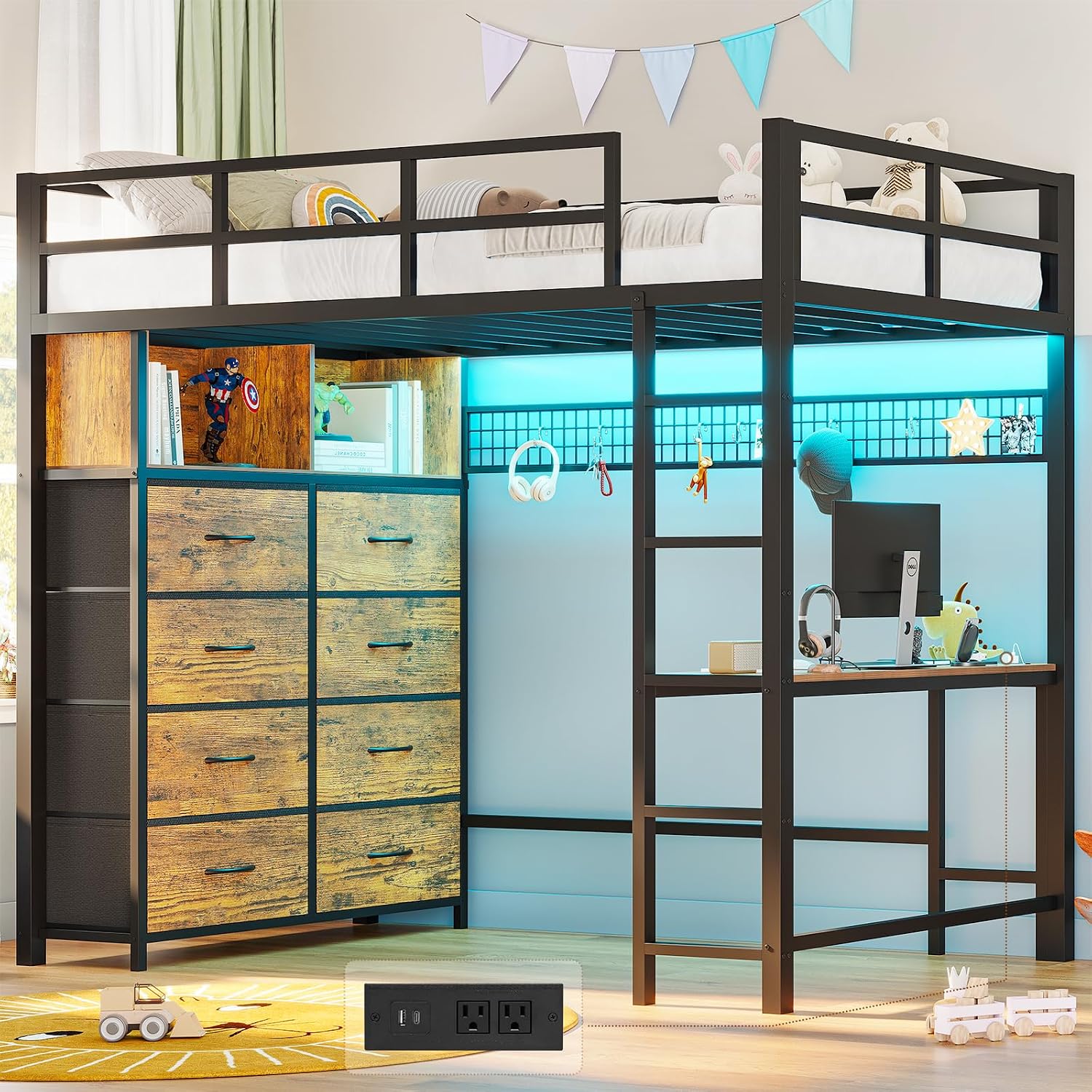 ADORNEVE Twin Size Loft Bed with Desk and 8 Storage Drawers, Metal Kids Loft Bed Twin with LED Lights & Charging Sation, Storage Shelves, 13.1' H Safety Guard & Ladder, Rustic Brown