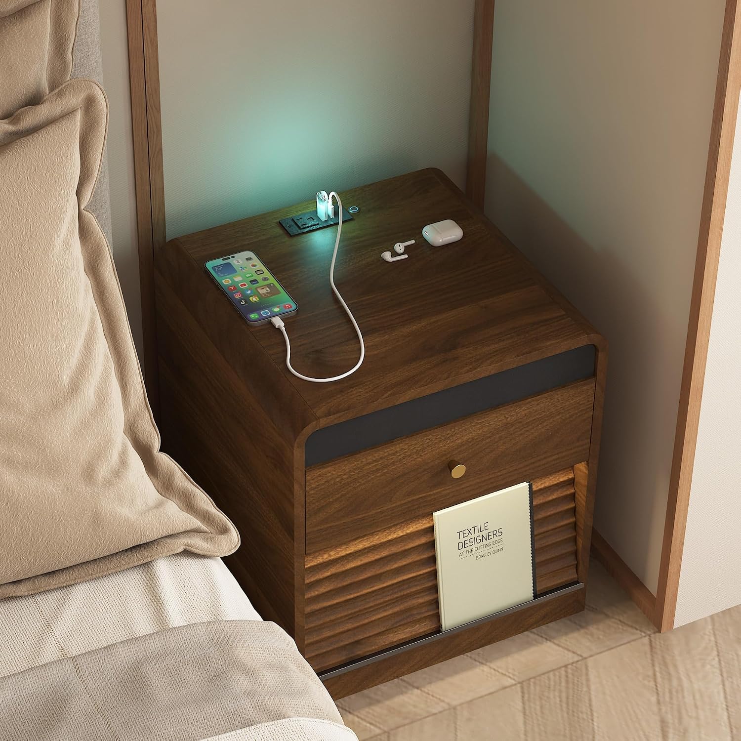Smart Nightstand with Charging Station – Bedside Table with Voice-Controlled LED Night Light, 1 AC Outlet + 2 USB Ports, Ample Storage Cabinet for Bedroom(Wood)