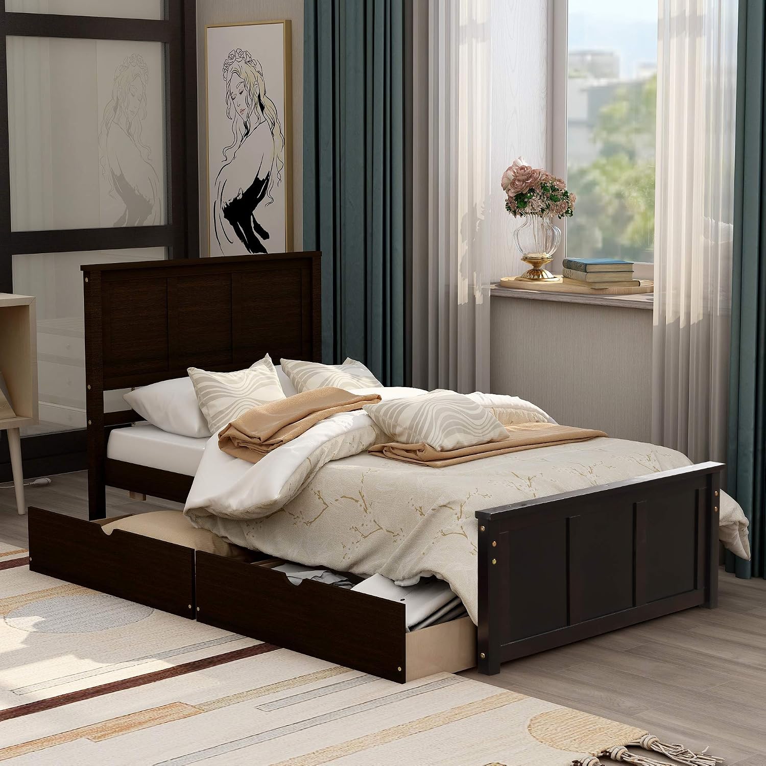Twin Platform Bed with 2 Drawers and Headboard, Solid Wooden Twin Size Bed Frame with Storage and Wood Slats, Twin Size Platform Bed for Kids,Teens,Adults (Espresso)