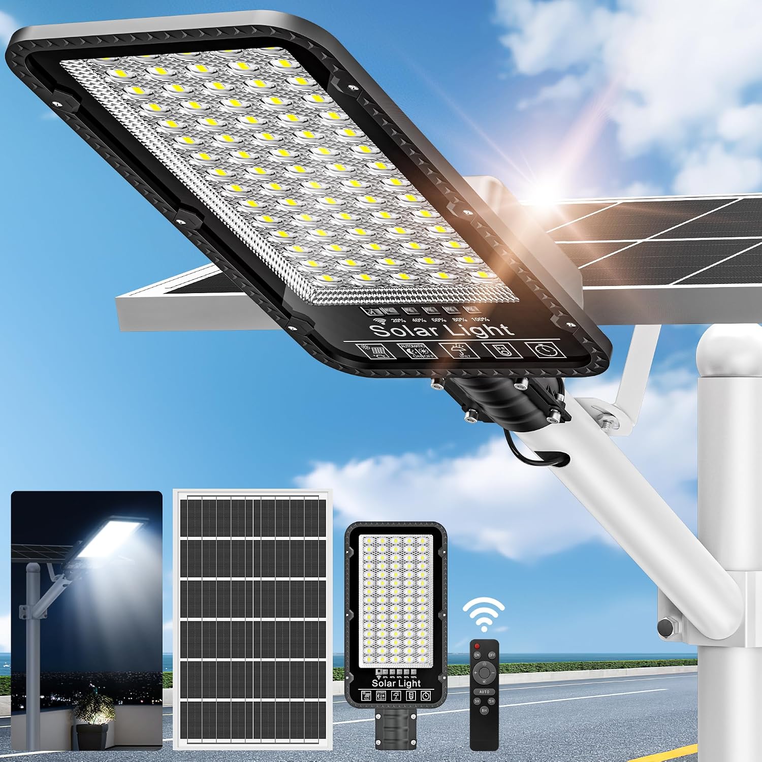 WYWNA 12000W Solar Street Lights Outdoor - 6500K Solar Parking Lot Lights Dusk to Dawn, Heavy Duty Split Type Solar Lights Outdoor Waterproof with Remote Control, for Yard, Driveway
