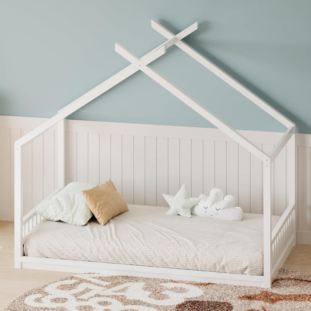 JIVOIT Twin Size House Bed with Roof, Floor Bed Frame with Headboard and Footboard, Wooden House Bed Fence Bed, Easy Assembly (White/Twin,93)