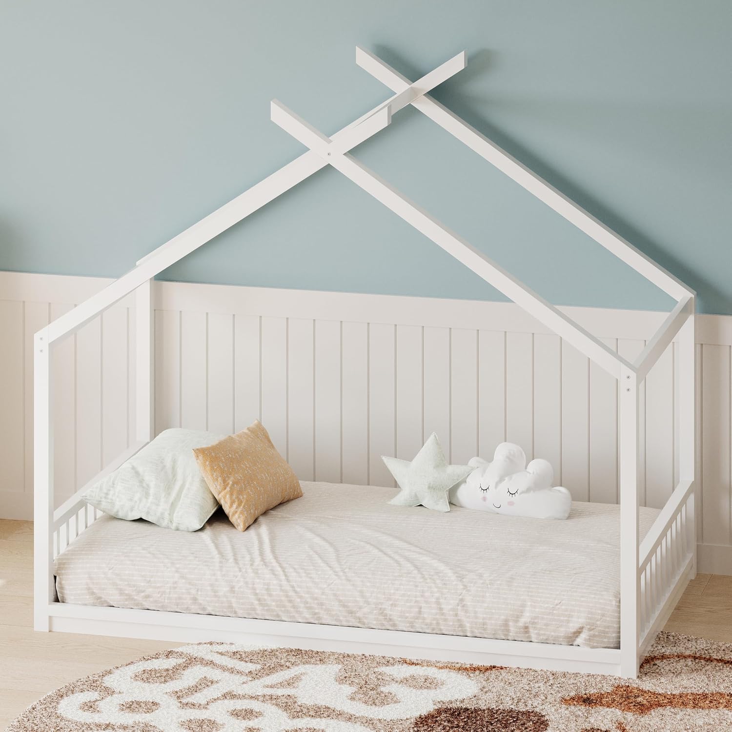 JIVOIT Twin Size House Bed with Roof, Floor Bed Frame with Headboard and Footboard, Wooden House Bed Fence Bed, Easy Assembly (White/Twin,93)