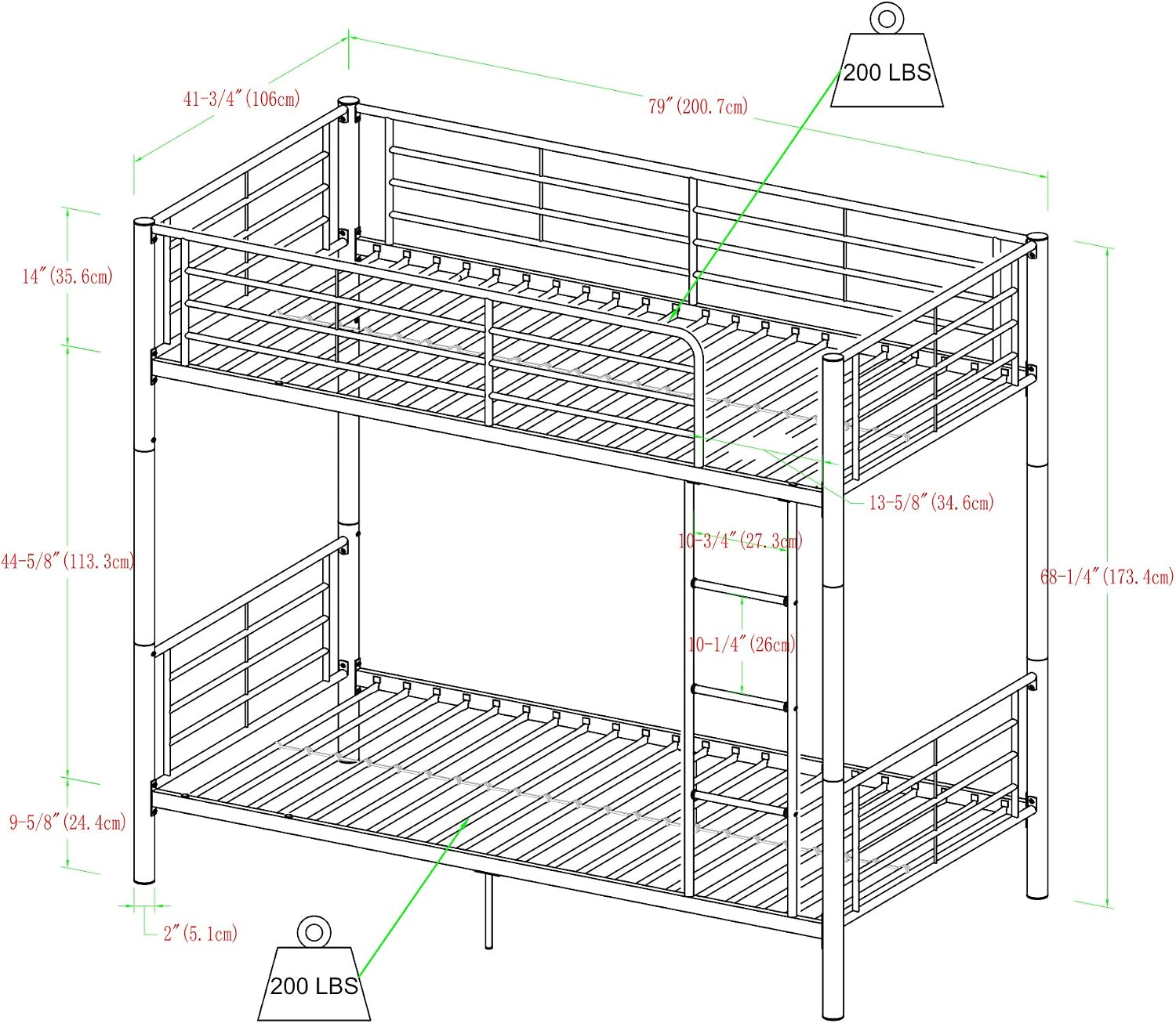 Walker Edison Elodie Urban Industrial Twin Over Twin Metal Bunk Bed, Twin Over Twin, White