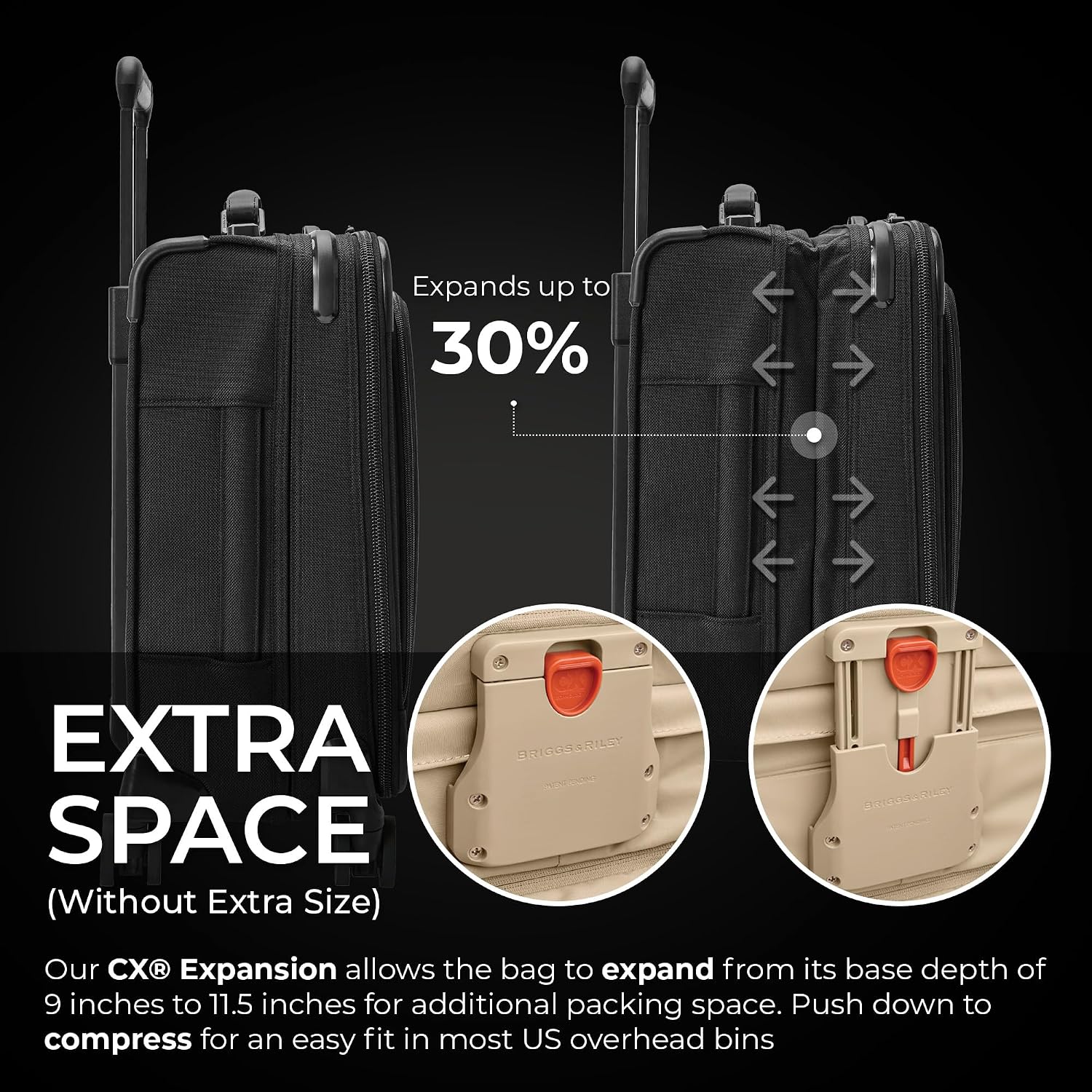 Briggs & Riley Compact 19' Carry-On Expandable Spinner - Carry On Luggage for Travel, Suitcases with Wheels, Softside Rolling Bag for Men & Women, Garment Panels - Baseline Collection, Black