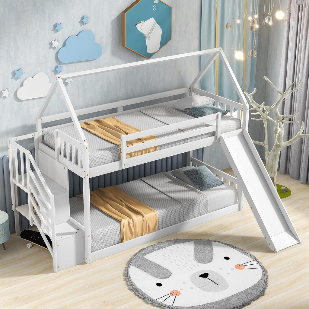 Twin Over Twin Bunk Bed with Slide for Kids Toddlers, House Bunk Bed Farm with Storage Steps and Roof Guardrail for Girls/Boys, No Spring Box Required (White-Storage Steps#2)