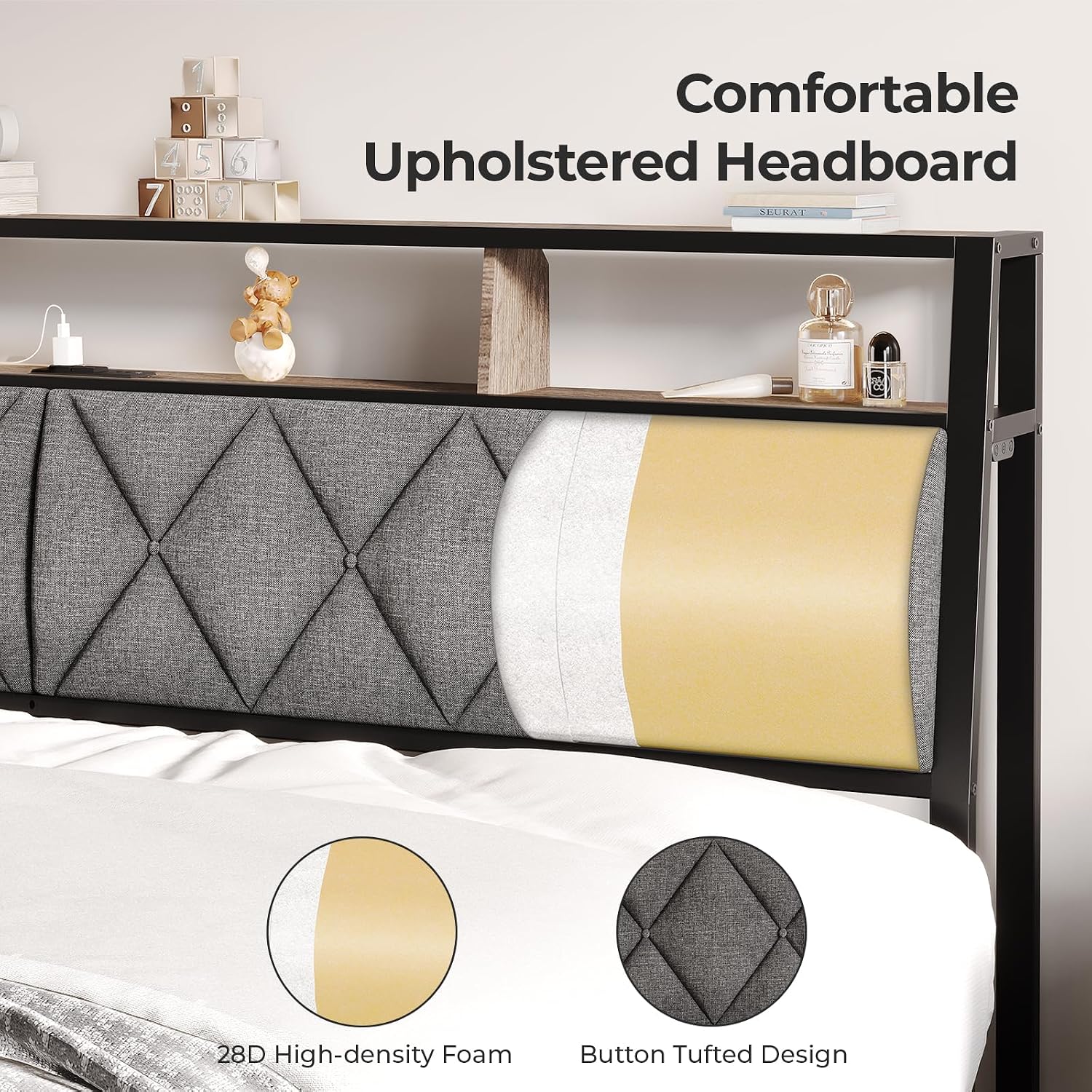 Full Headboard Only, Headboard for Full Size Bed with Storage, Upholstered Headboards with LED Lights & Charging Station, Attach Frame, Ideal for Bedroom/Dorm/Guest Room, Dark Grey & Brown