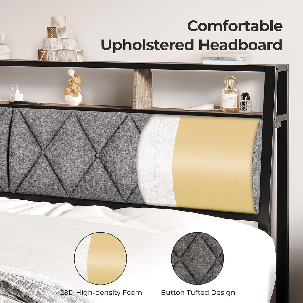 King Headboard Only, Headboard for King Size Bed with Storage, Upholstered Headboards with LED Lights & Charging Station, Attach Frame, Ideal for Bedroom/Dorm/Guest Room, Dark Grey & Brown
