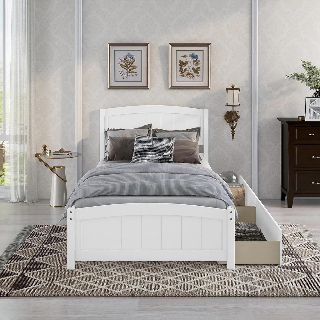 Harper & Bright Designs Twin Bed with Drawers, Solid Wood Platform Bed with Storage and Headboard, Footboard, Wood Slat Support (Twin Size, White)