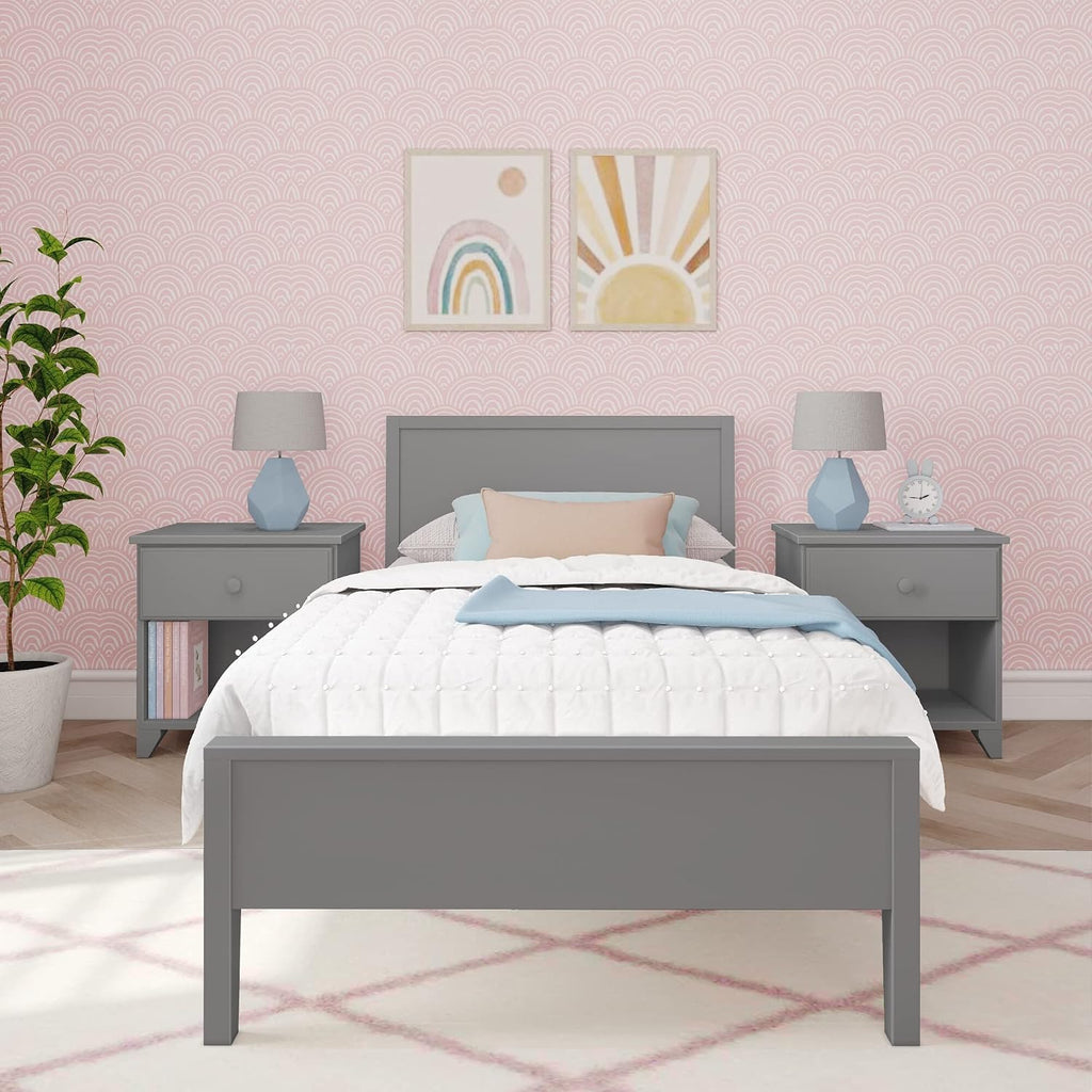 Max & Lily Twin Bed, Solid Wood Twin Bed Frame with Panel Headboard, Kids Twin Bed with Wood Slat Support, No Box Spring Needed, Grey