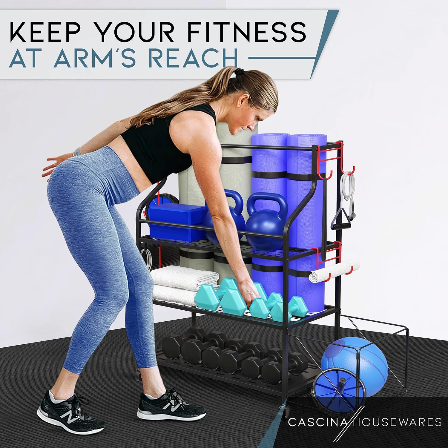 Cascina Home Gym Storage Rack - Weight Rack for Dumbbells, Kettlebells, Foam Roller, Resistance Bands and Yoga Mat Storage Holder - Exercise Workout Equipment Storage Organizer with Hooks and Wheels