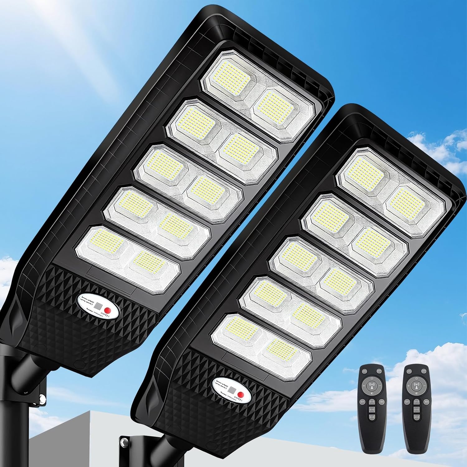 JWT 2 Pack 27' Large Solar Street Lights Outdoor Waterproof - Solar Powered Security Parking Lot Light Dusk to Dawn,Motion Sensor Commercial LED Solar Flood Lights Remote Control for Outside Yard