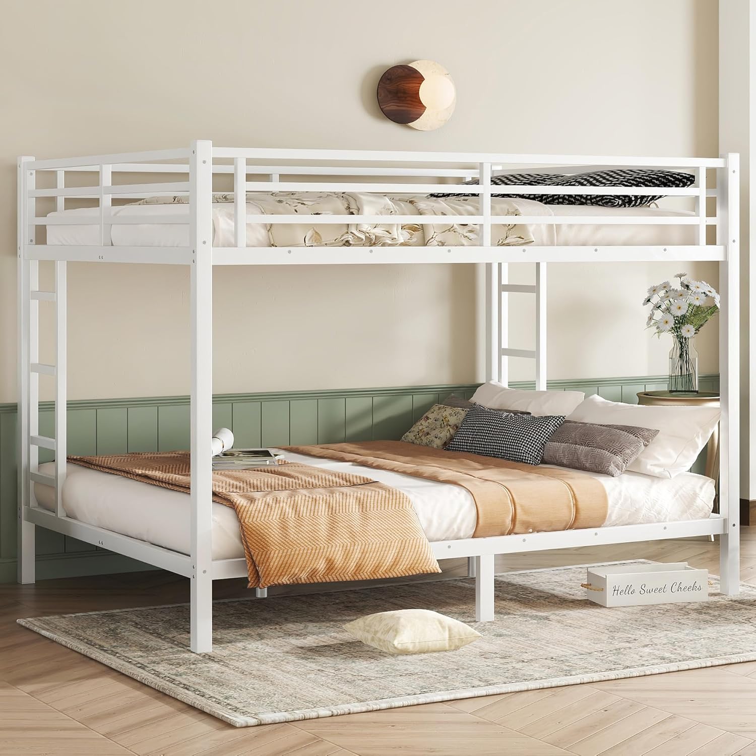 JIVOIT Queen Over Queen Bunk Bed, Heavy-Duty Metal Bunk Bed Frame with Safety Guardrails & Metal Slat Support for Teens and Adults, Space-Saving/Noise Reduced/No Box Spring Needed