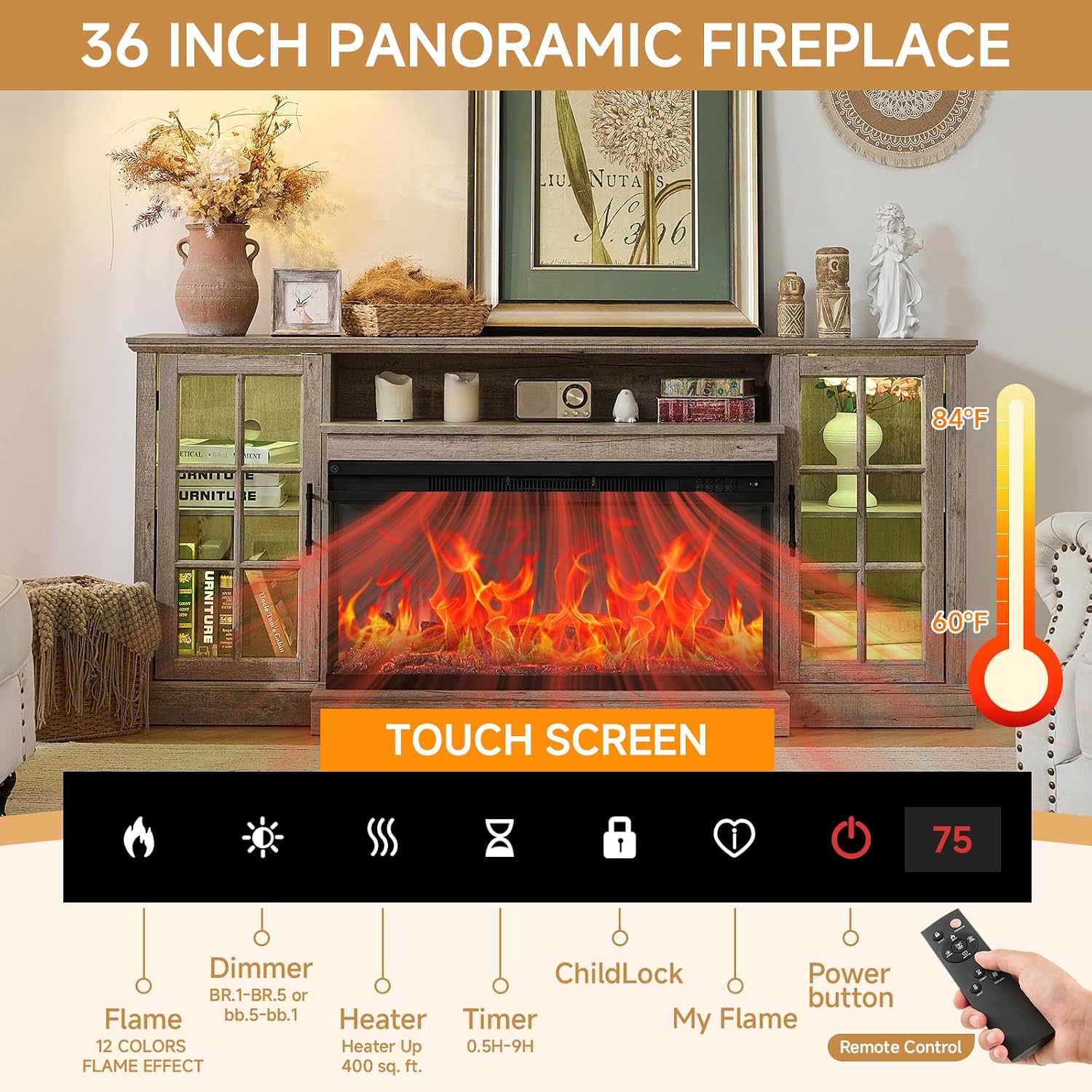 ROCKPOINT 3 Sided Glass 70' Fireplace TV Stand for TVs up to 80inch, Media Entertainment Center with Glass Door Storage Cabinet,36' Electric Fireplace with LED Light and Flame Colors,Grey