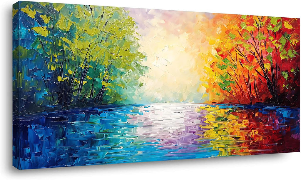 Beautiful River Scenery and Colorful Forests On Both Sides Palette Knife Painting Wall Art Decor Artwork for Bedroom (30x60 Inches)