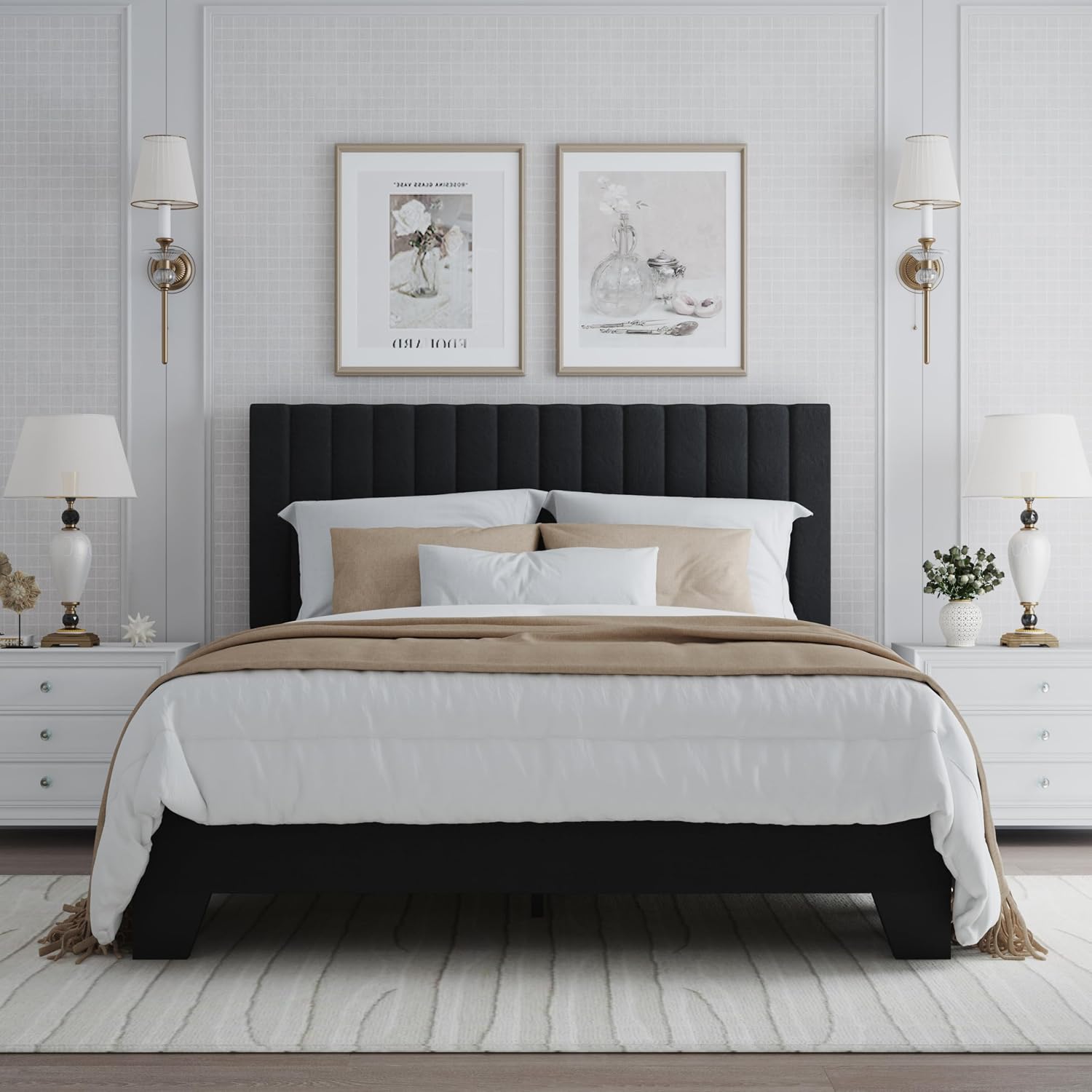 Full Bed Frame, Velvet Upholstered Platform Bed Frame with Adjustable Headboard, Vertical Quilted Design, Sturdy Slatted Mattress Base, Easy to Assemble, Black