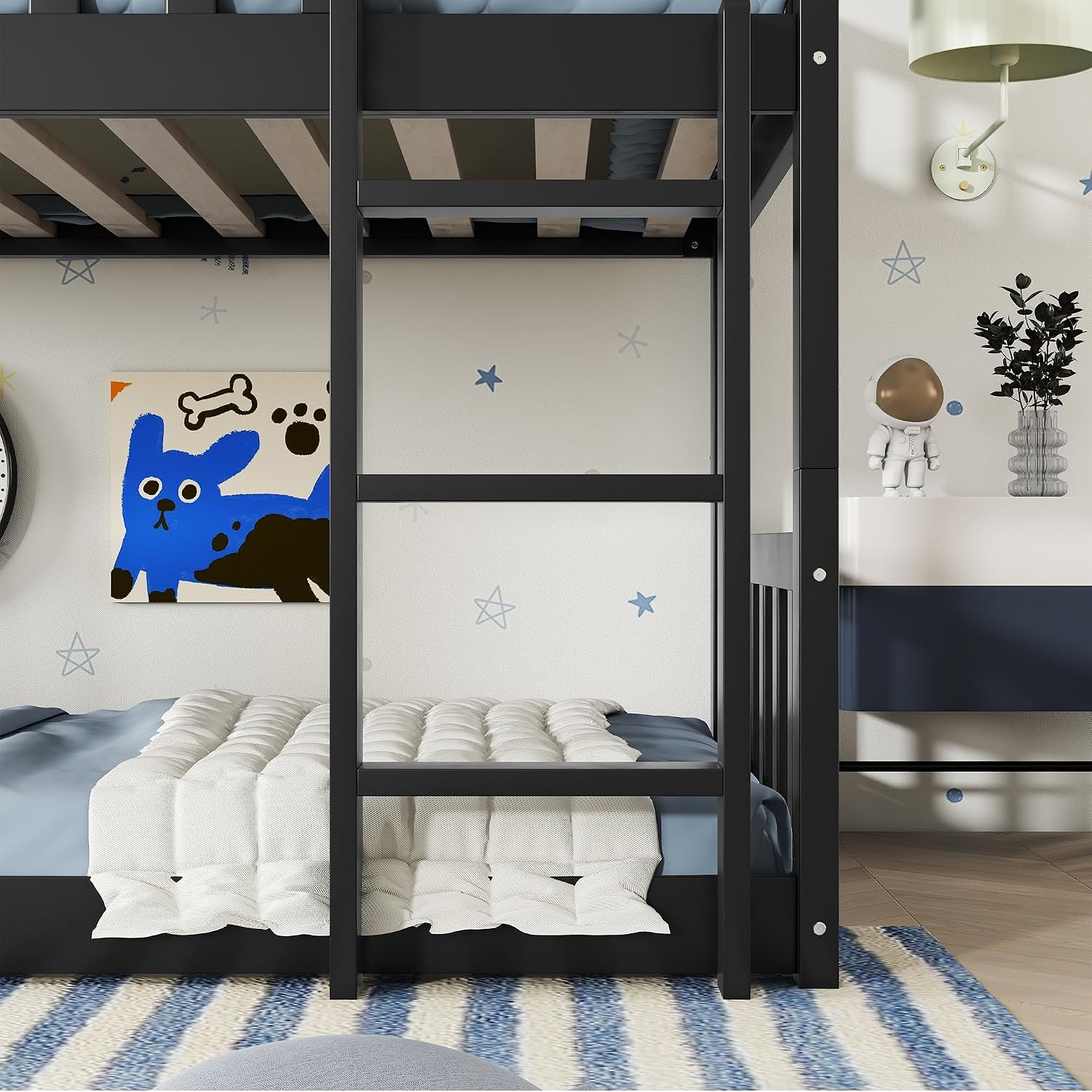 Twin Size Triple Rubber Wood Bunk Bed, Detachable Bunk Bed with Ladders, Guardrails, Twin Over Twin Over Twin for Kids, Black