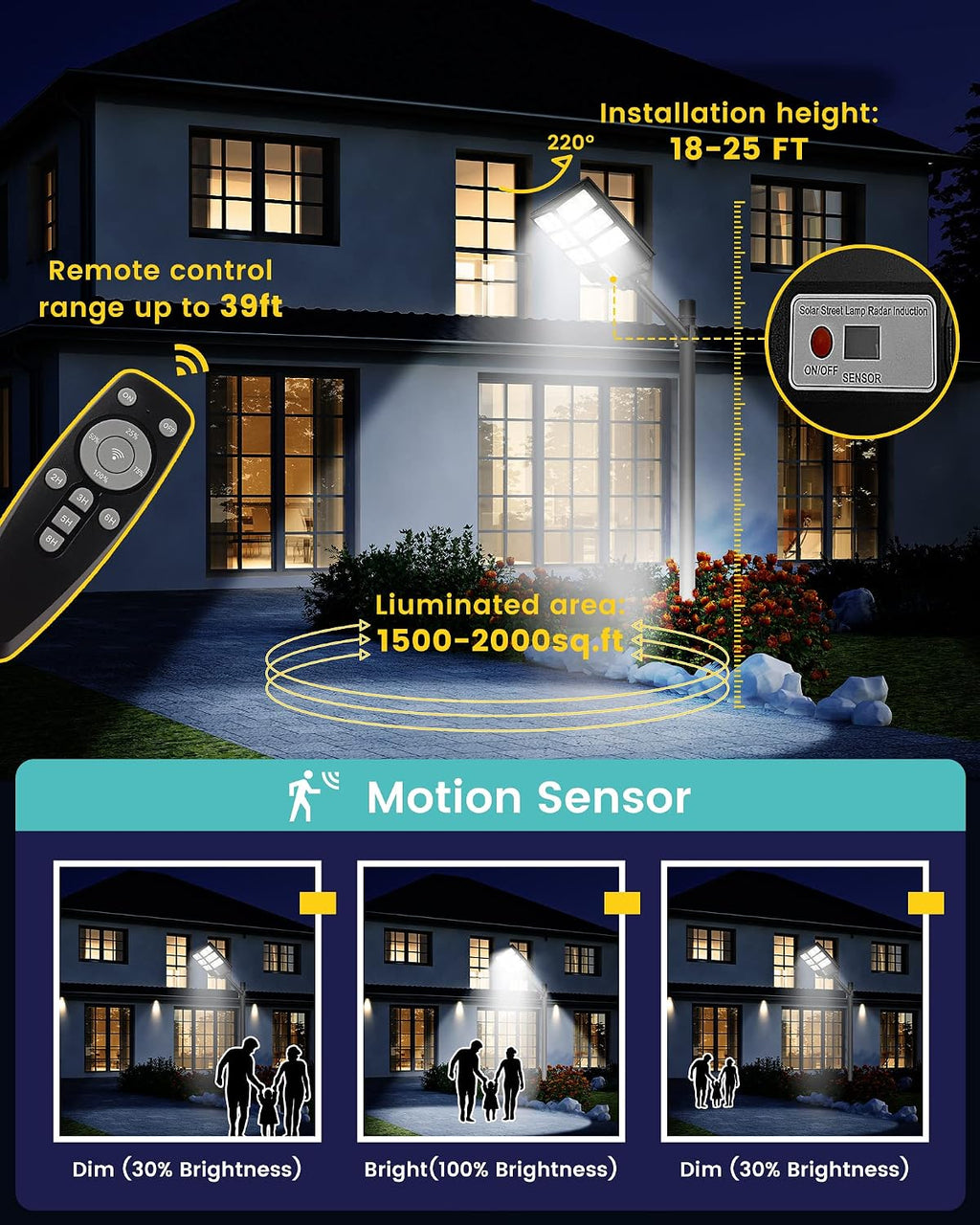 6000W 600000LM Solar Street Lights Outdoor Waterproof, IP67 LED Security Flood light with Motion Sensor, Dusk to Dawn Solar Lights Outdoor for Outside, Parking Lot, Yard, Garage, Remote Control, 2PCS