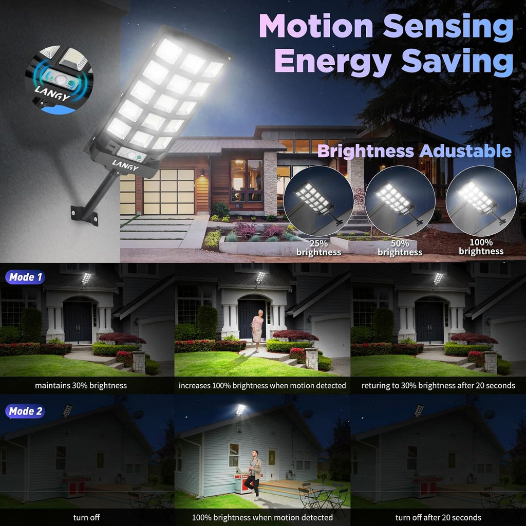 LANGY Solar Street Lights Outdoor Waterproof 4pcs, 6500K 60000LM Wide Angle Solar Powered Flood Lights with Motion Sensor & Remote Control, Dusk to Dawn Commercial Solar Outdoor Lights for Parking