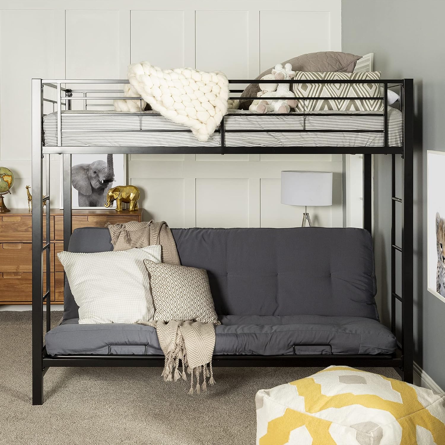 Walker Edison Elodie Urban Industrial Twin Over Futon Metal Bunk Bed, Twin Size, Black