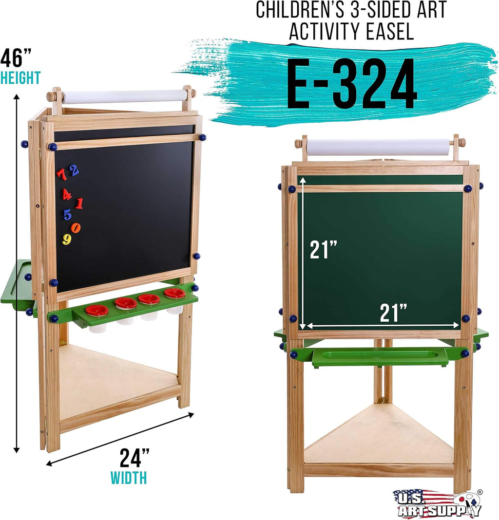 U.S. Art Supply Three Sided Art Station, Wooden Activity Easel with Paper Roll & Shelf - Easel for Drawing, Magnetic Whiteboard, Chalkboard Artist Station & Plastic Paint Cups
