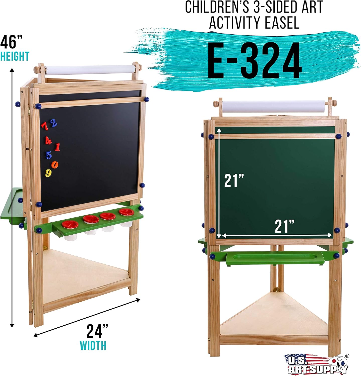 U.S. Art Supply Three Sided Art Station, Wooden Activity Easel with Paper Roll & Shelf - Easel for Drawing, Magnetic Whiteboard, Chalkboard Artist Station & Plastic Paint Cups