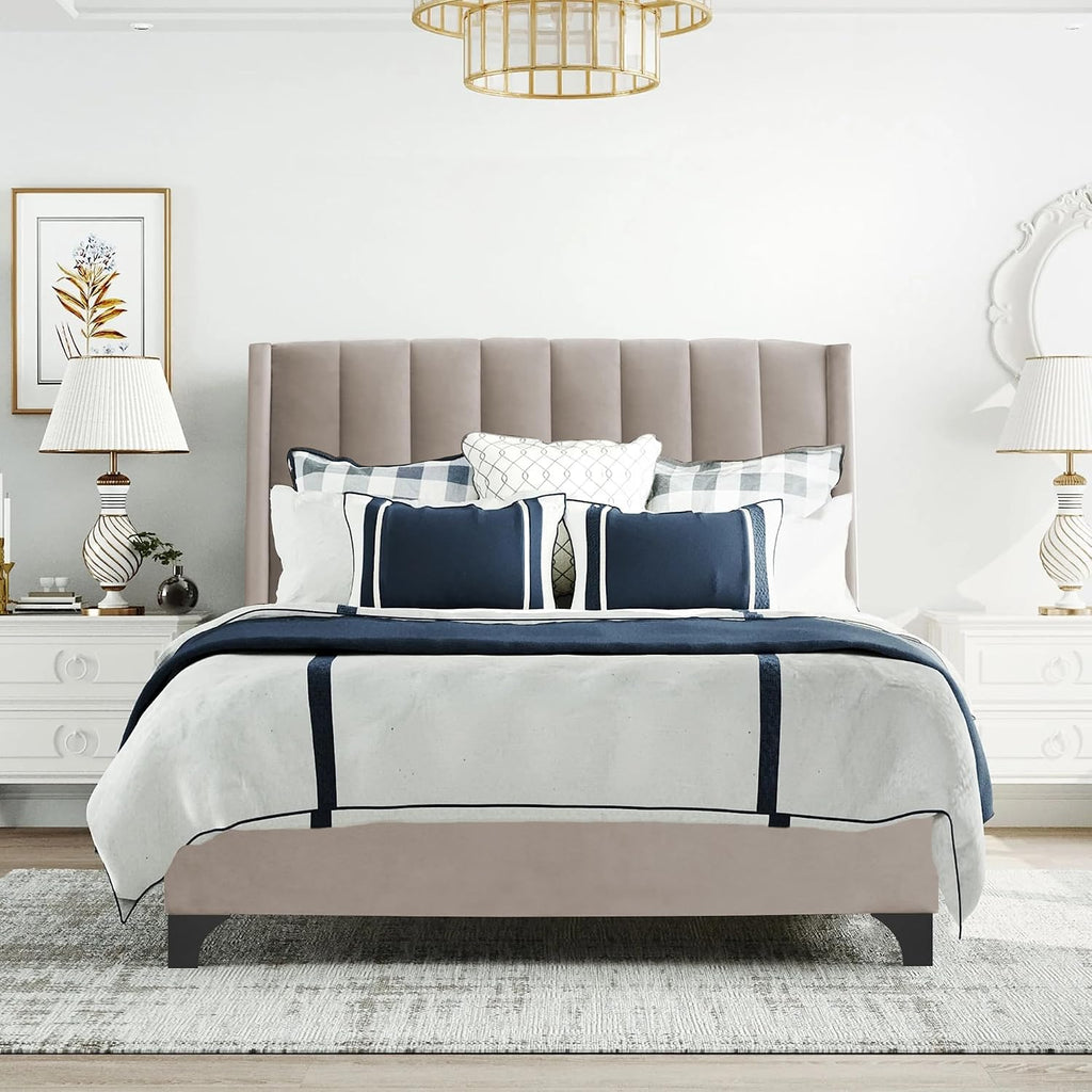 Greaton, Suede Upholstered Bed Frame, Decorative Attractive Headboard, Long Lasting Durable, Includes 3 Color Legs to Choose Gold, Silver and Black, Twin, Taupe