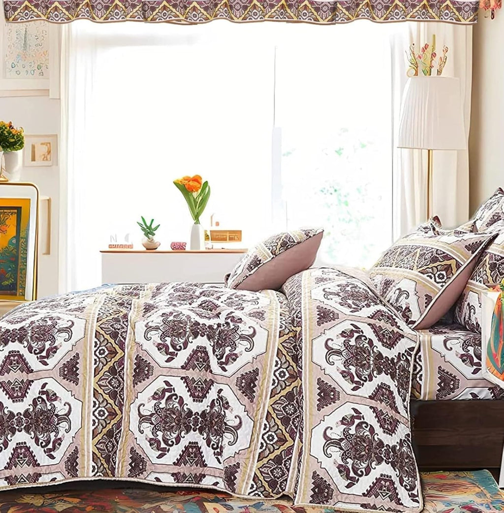 DaDa Bedding Collection Bed in a Bag Set - 11 Pieces - Farmhouse Elegant Paisley Burgundy Maroon Kilim : Bedroom Set with Fitted Sheet, Throw Pillows, and Valances - California King