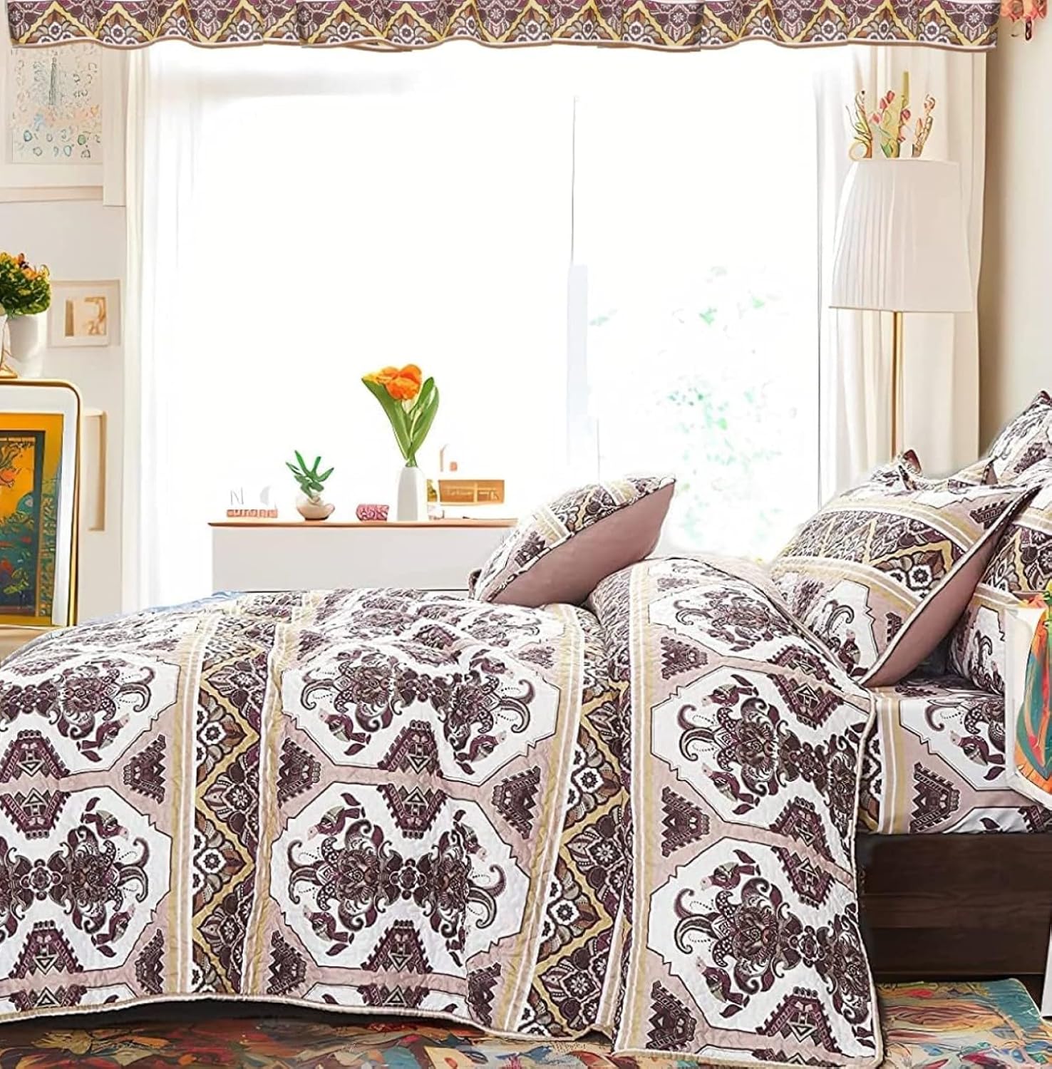 DaDa Bedding Collection Bed in a Bag Set - 11 Pieces - Farmhouse Elegant Paisley Burgundy Maroon Kilim : Bedroom Set with Fitted Sheet, Throw Pillows, and Valances - California King
