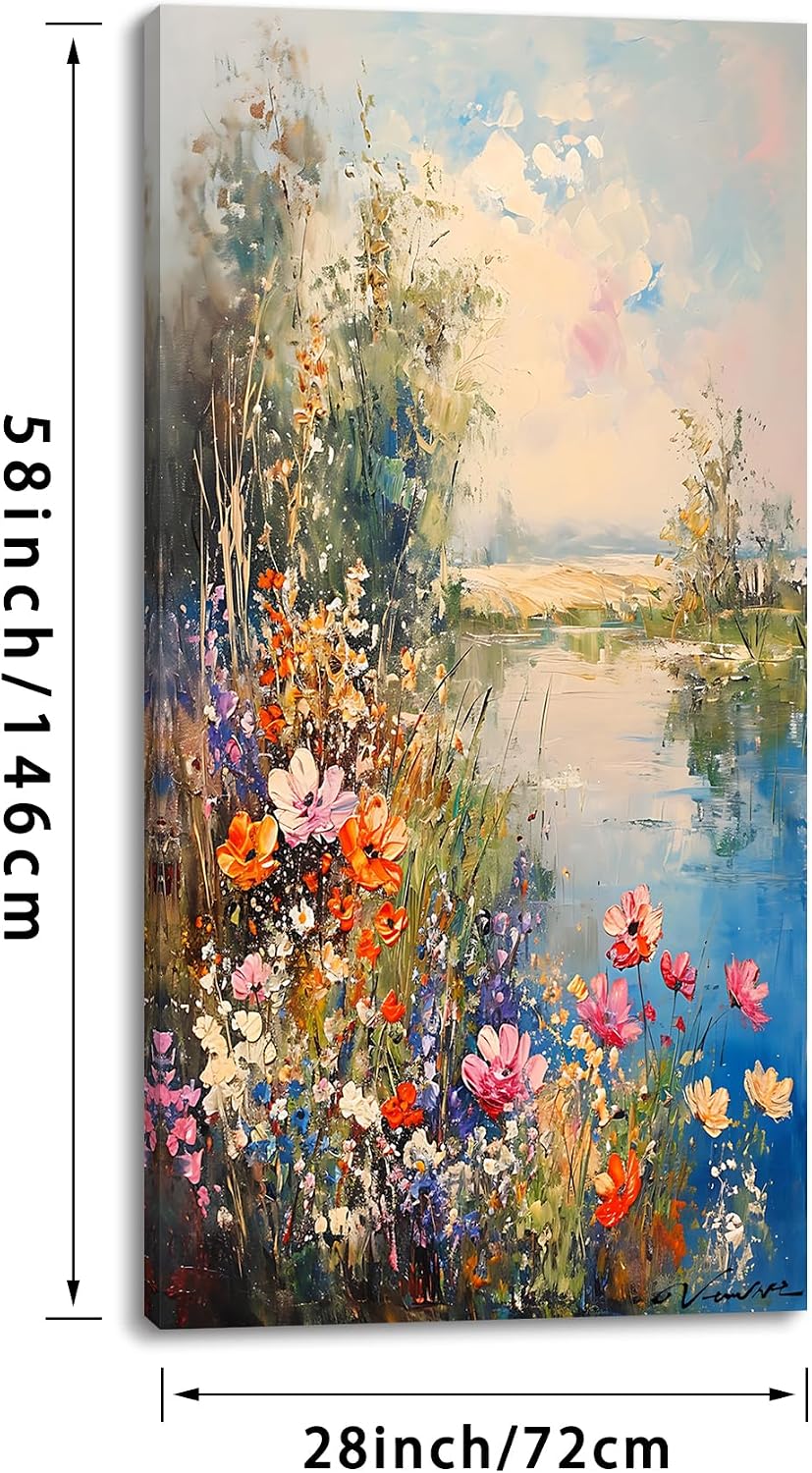 ZOMNAI Vertical Landscape of Vintage Art Painting Colorful Flower on Meadow by Lake Water Wall Art Decor Artwork for Bedroom (30x60 Inches)