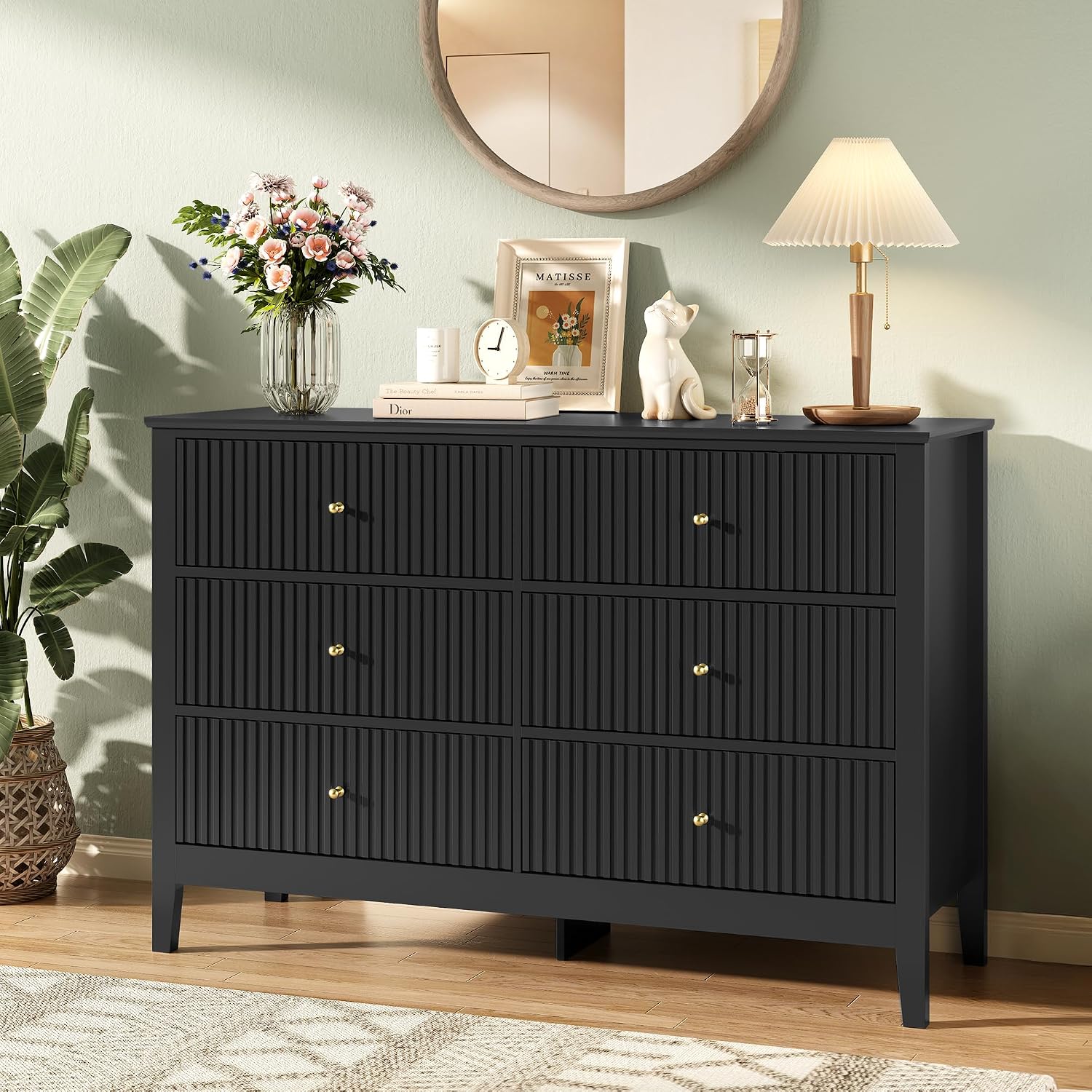 Black Dresser for Bedroom, 6 Drawers Fluted Chest of Drawers with Storage, Modern 47'' Wide Dresser with Paint Design, Wood Drawer Organizer Dressers for Entryway, Hallway