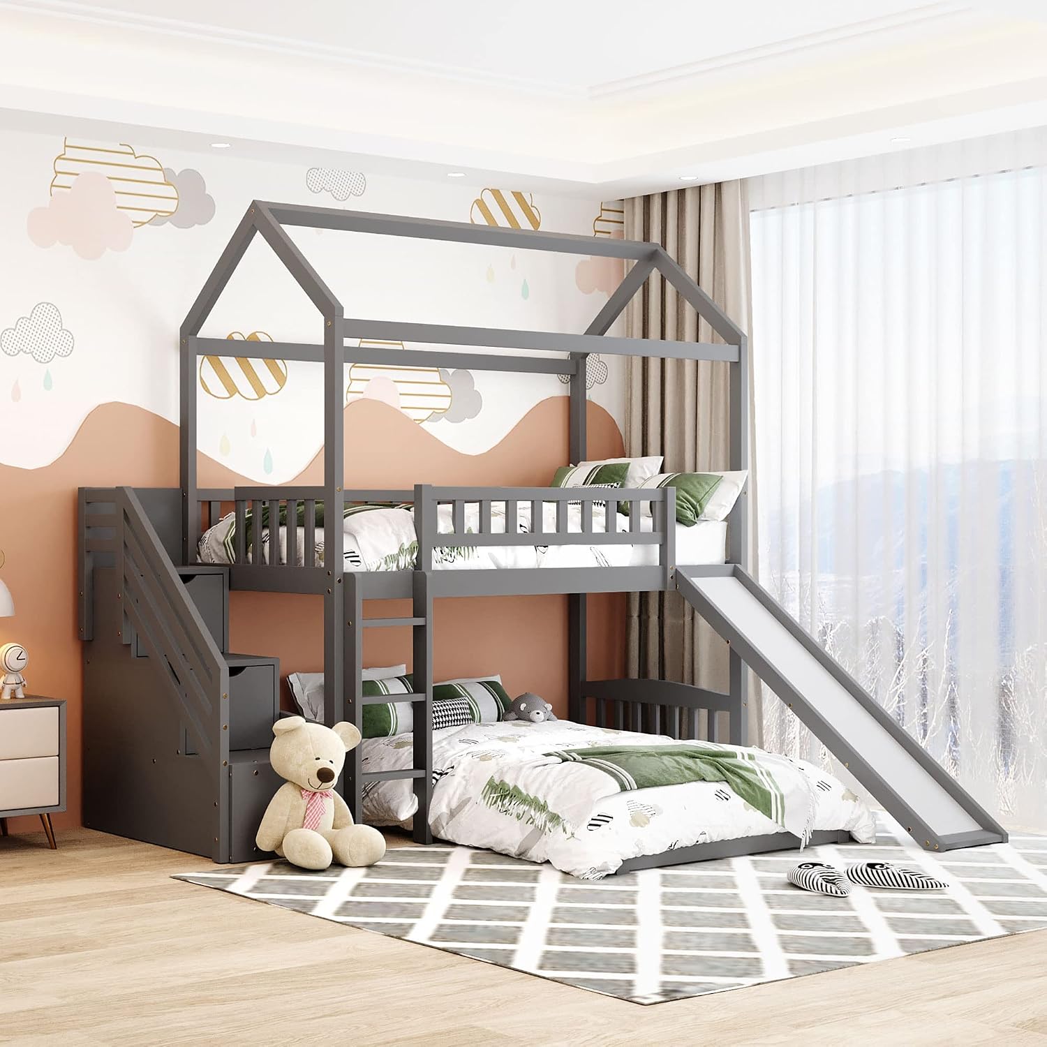 Twin Over Twin Bunk Bed for Kids Toddlers, House Bunk Bed Farm with Storage Steps and Slide Ladder Roof Guardrail for Girls/Boys, No Spring Box Required (Gray-Wood)