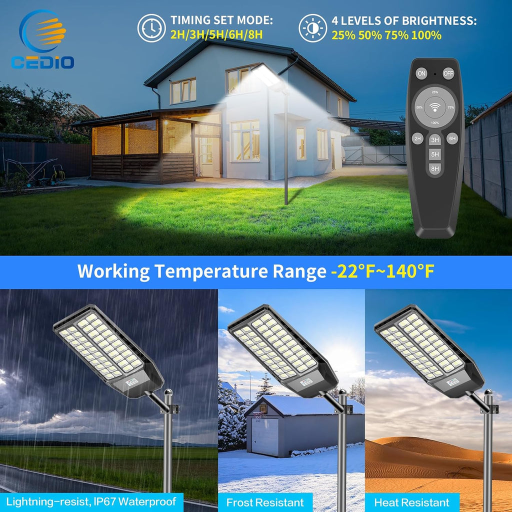 CEDIO 10000W Solar Street Lights Outdoor, Solar Lights Outdoor Waterproof Commercial Street Light Dusk to Dawn, LED Security Flood Light with Motion Sensor for Parking Lot, Yard, Garage, 2 Pack