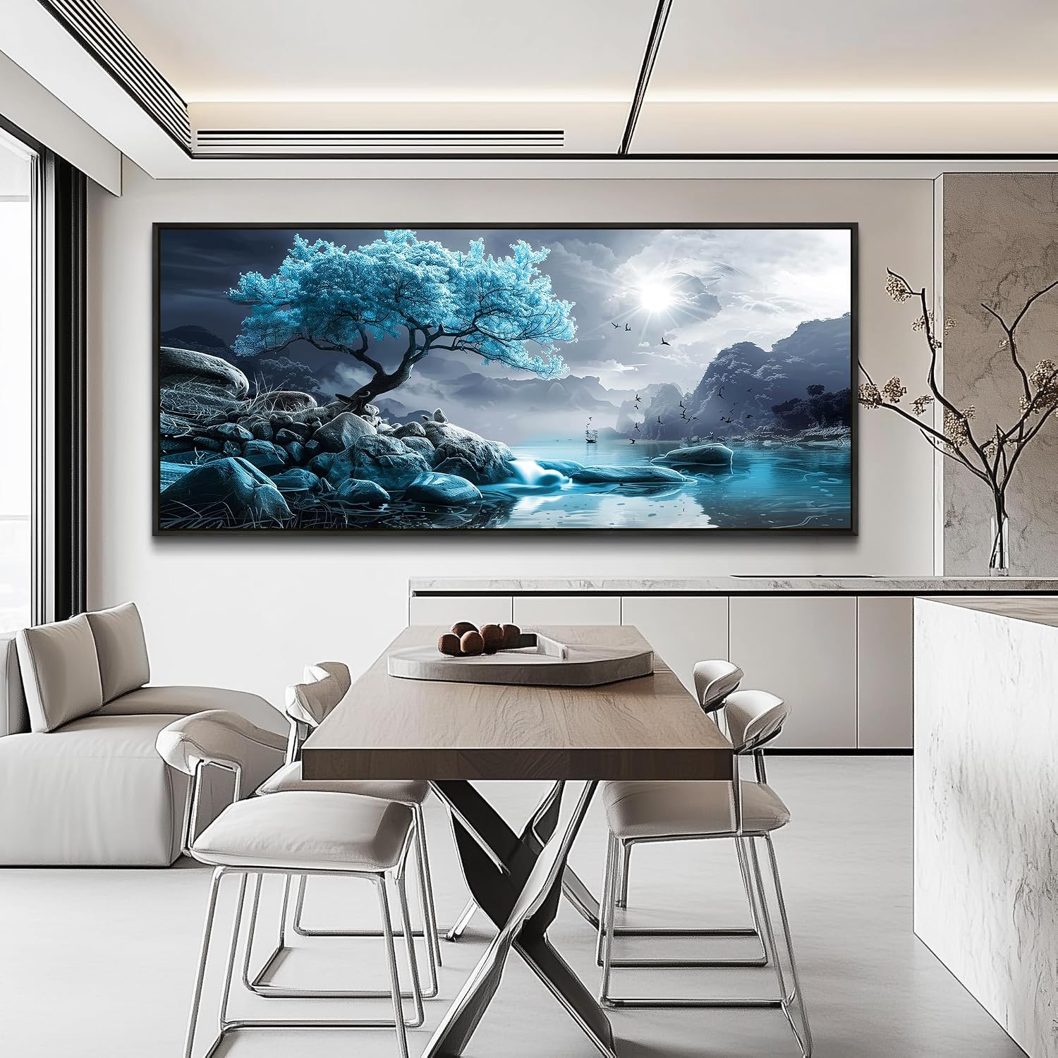 KELIYUAN Large Canvas Wall Decor Bedroom Blue Tree Landscape Wall Paintings Wall Art For Living Room Black And White Pictures Office Mural Framed Prints Artwork Modern Home Decor Aesthetics 32'X72'
