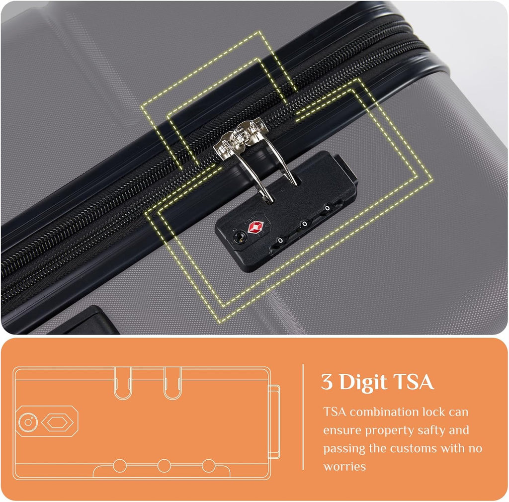 Sweetcrispy 3 Piece Luggage Set, ABS Hard Shell Carry On Suitcase with Smooth Spinner Wheels and TSA Lock, Lightweight Rolling Travel Luggage 20/24/28 Inch for Travel Business Vacation, Dark Grey