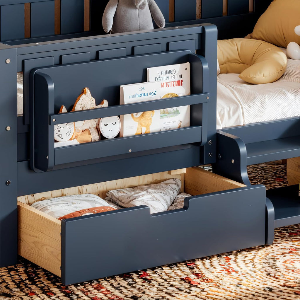 Bellemave Twin Kids Montessori Bed with Stairs, Bookshelf and Drawers, Solid Wood Kids Bed Frame with Storage for Boys Girls, Low Profile,Blue