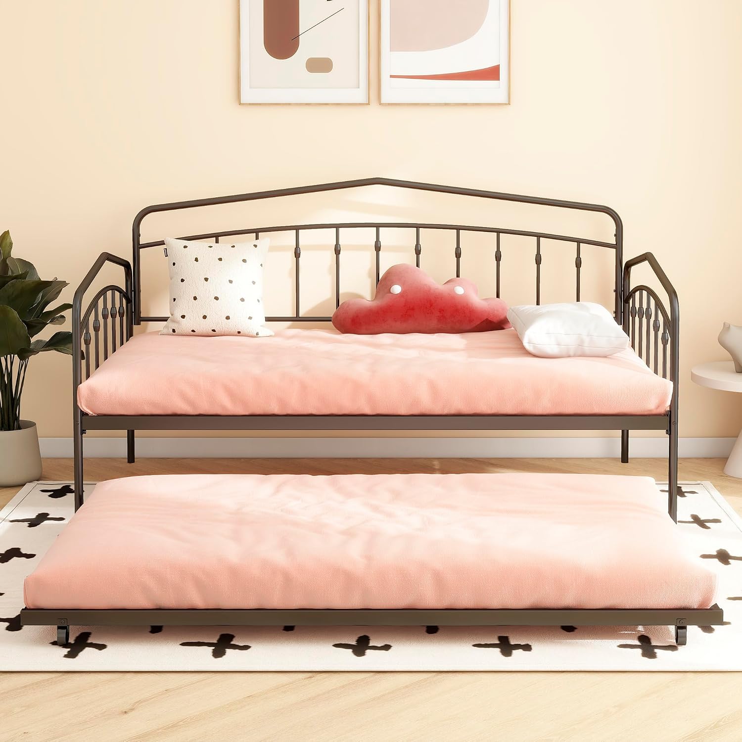 Twin Daybed with Trundle,Metal Sofa Bed Set,Rollaway Daybed Couch Bed Frame for Bedroom Living Room Guest Room Black