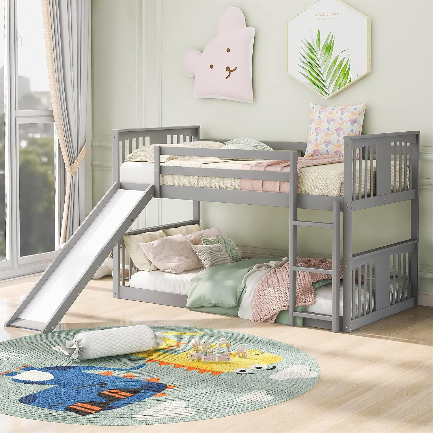 Bellemave Floor Bunk Bed with Slide, Twin Over Twin Wooden Low Bunk Bed with Slide and Ladder, for Boys Girls (Grey)