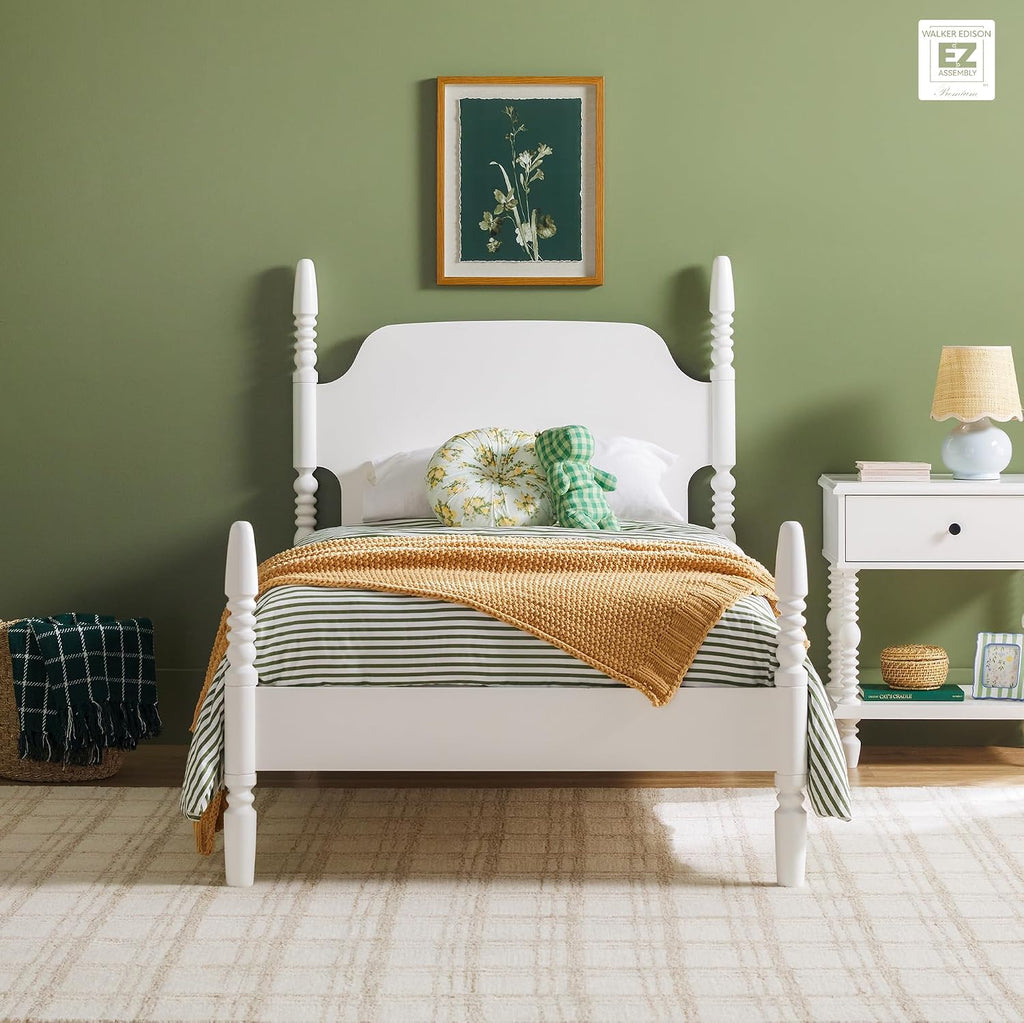 Walker Edison EZ Assembly Traditional Wood White Spindle Bed, Vintage Bed Frame, No Box Spring Required, Twin Bed Frame with Headboard, Twin Size, White