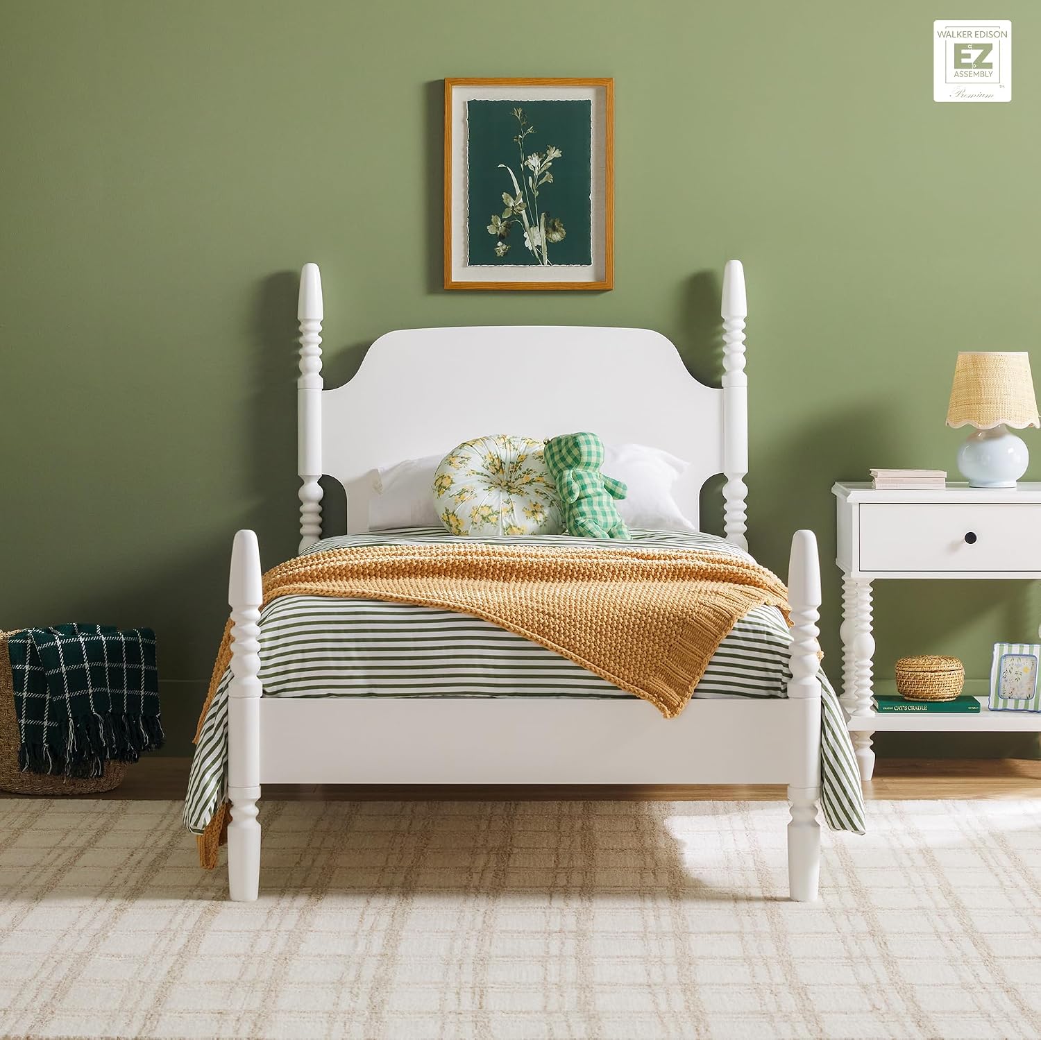 Walker Edison EZ Assembly Traditional Wood White Spindle Bed, Vintage Bed Frame, No Box Spring Required, Twin Bed Frame with Headboard, Twin Size, White