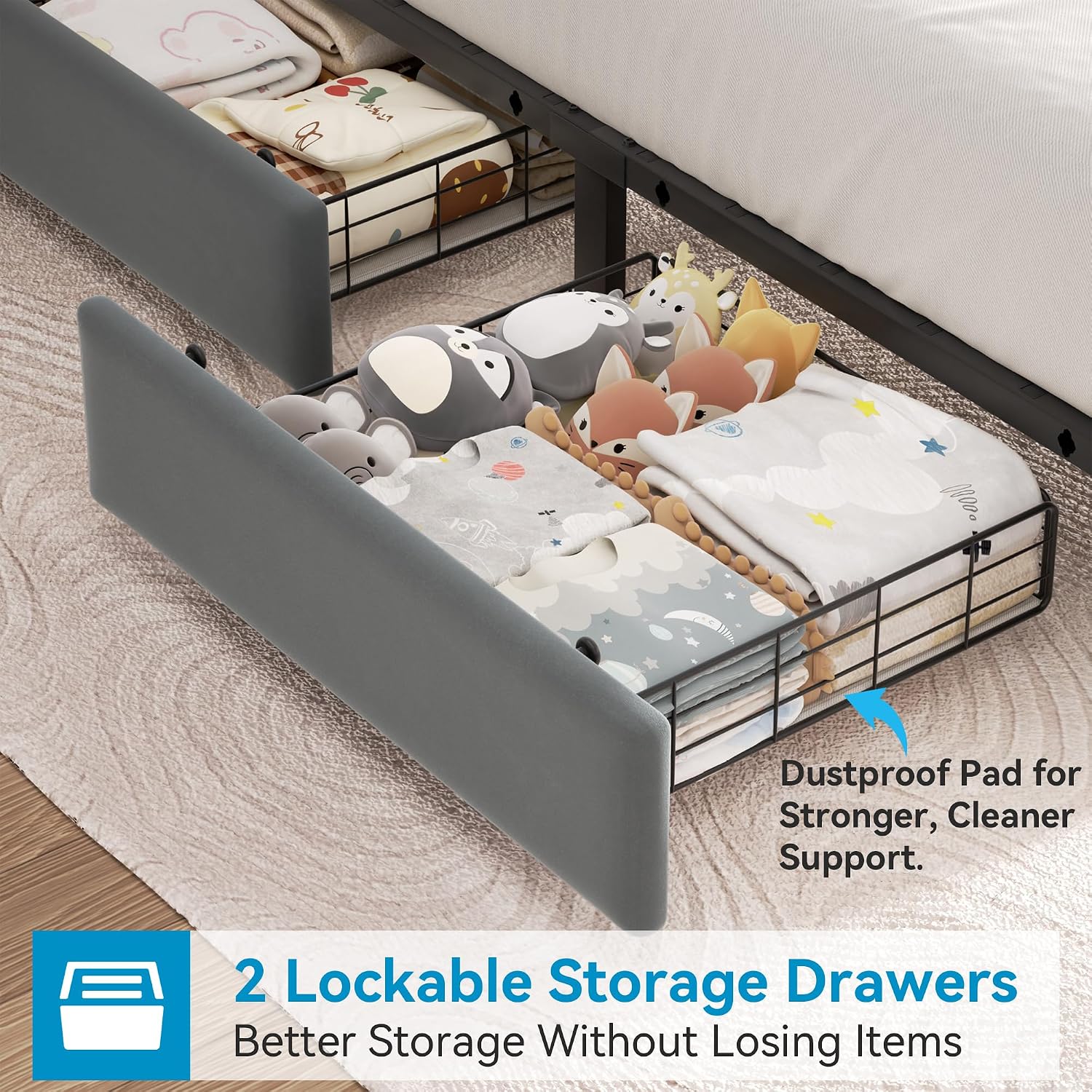 Jocoevol Twin Upholstered LED Bed Frame with 2 Storage Drawers and 2-Tier Storage Bookcase Headboard, Velvet Platform Bed for Kids/Girls/Boys, Corner Bed Frame, Heavy Duty Metal Support, Grey